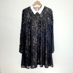 BCBGMaxazaria Black Lace Peter Pan Collar Gothic Witchy Dress L Dark Cottagecore